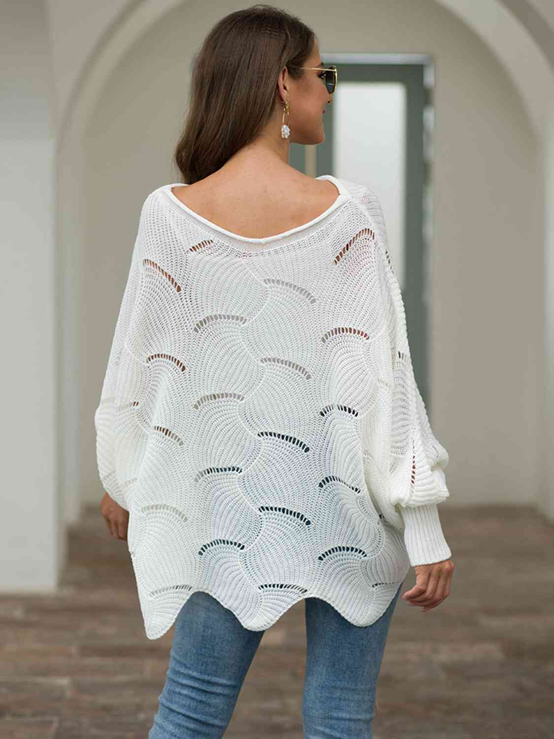 Boat Neck Lantern Sleeve Openwork Knit Top - All Sizes