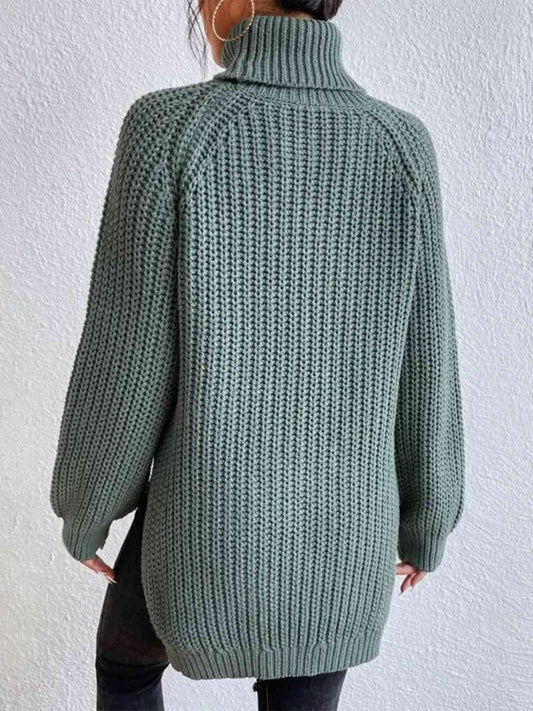 Turtleneck Rib-Knit Slit Sweater - All Sizes