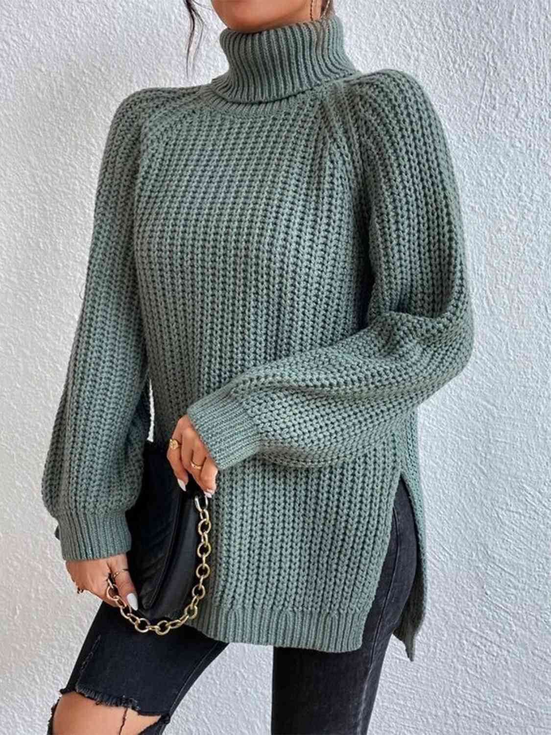 Turtleneck Rib-Knit Slit Sweater - All Sizes