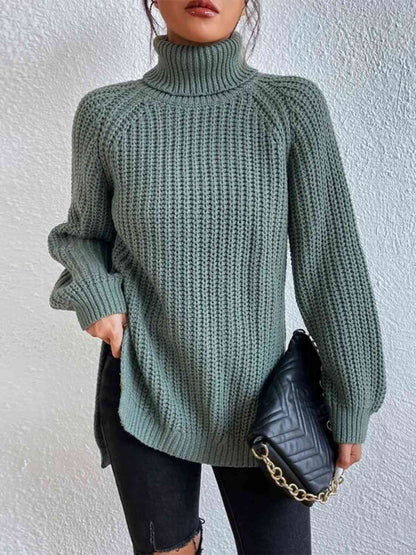 Turtleneck Rib-Knit Slit Sweater - All Sizes