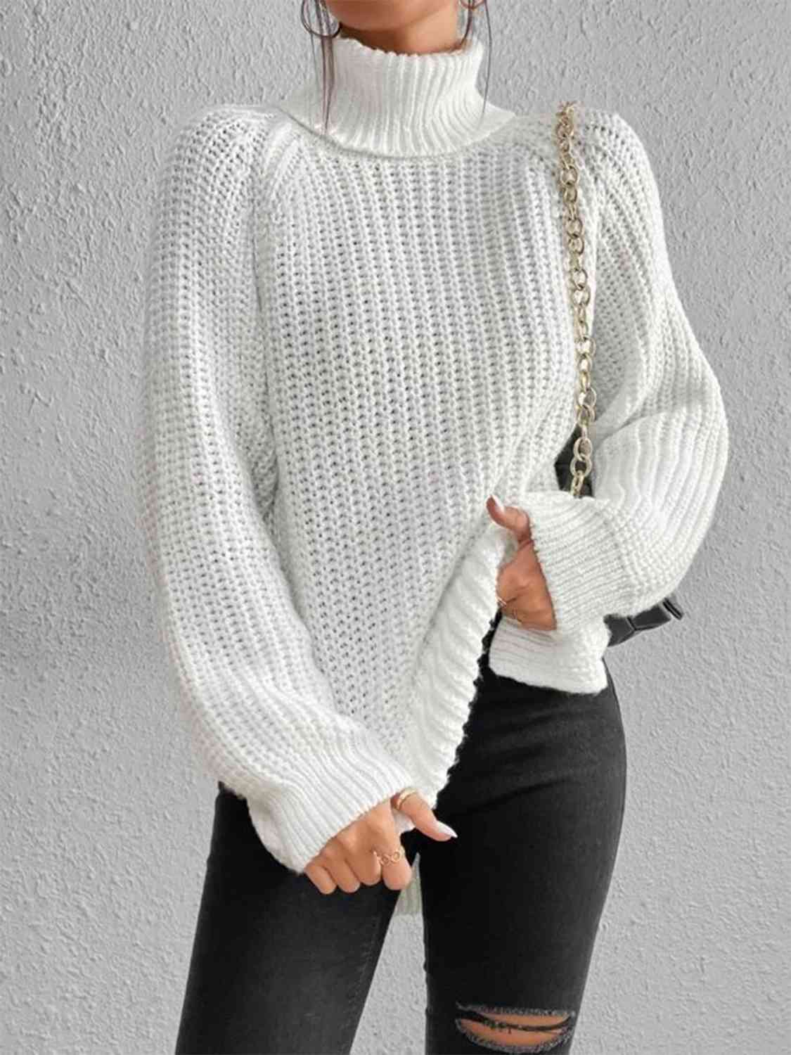 Turtleneck Rib-Knit Slit Sweater - All Sizes